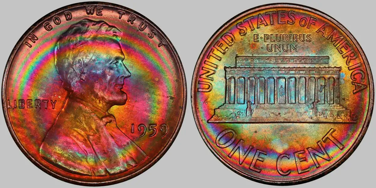 1959-Lincoln-Memorial-Cent,-PCGS-MS-65BN,-Rainbow-Toned