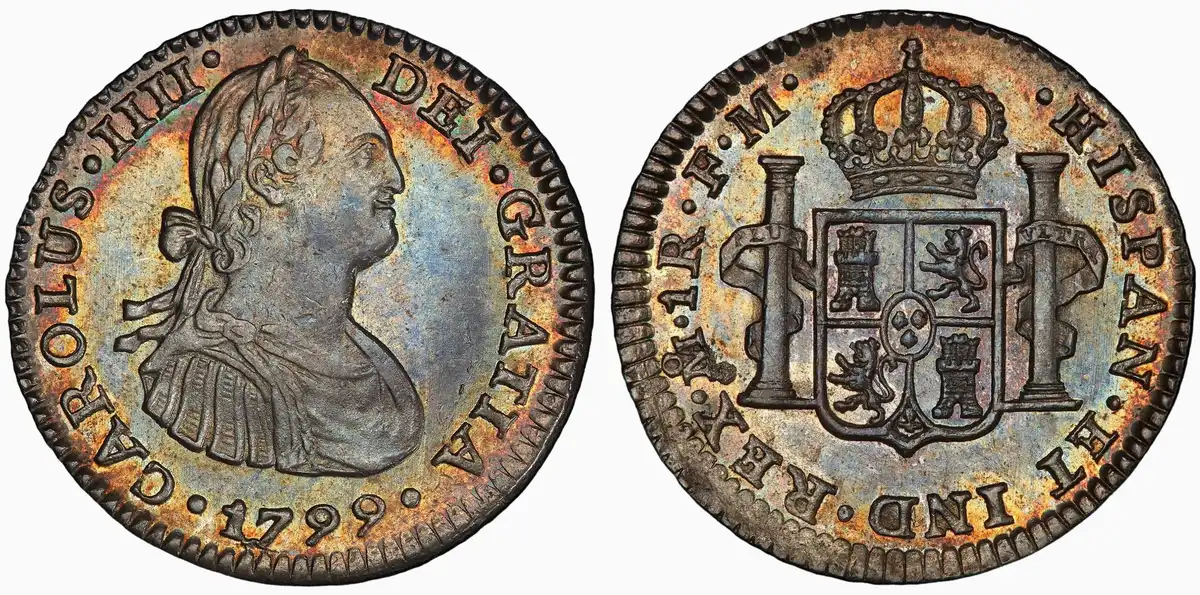 1799-Mo-FM-Mexico-Real,-PCGS-MS-64,-Rainbow-Toned
