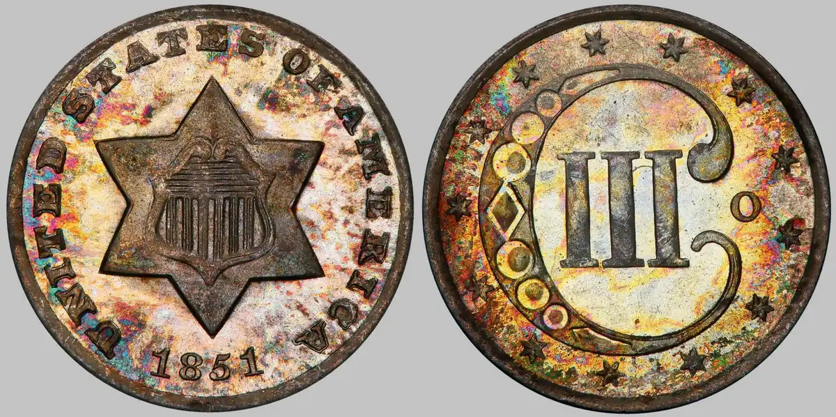 1851-O-Three-Cent-Silver,-PCGS-MS-67,-Rainbow-Toned
