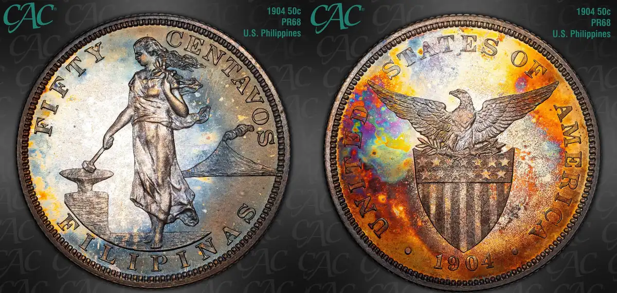 1904-Philippines-/-US-50-Centavos-Proof,-CAC-PR-68,-Rainbow-Toned