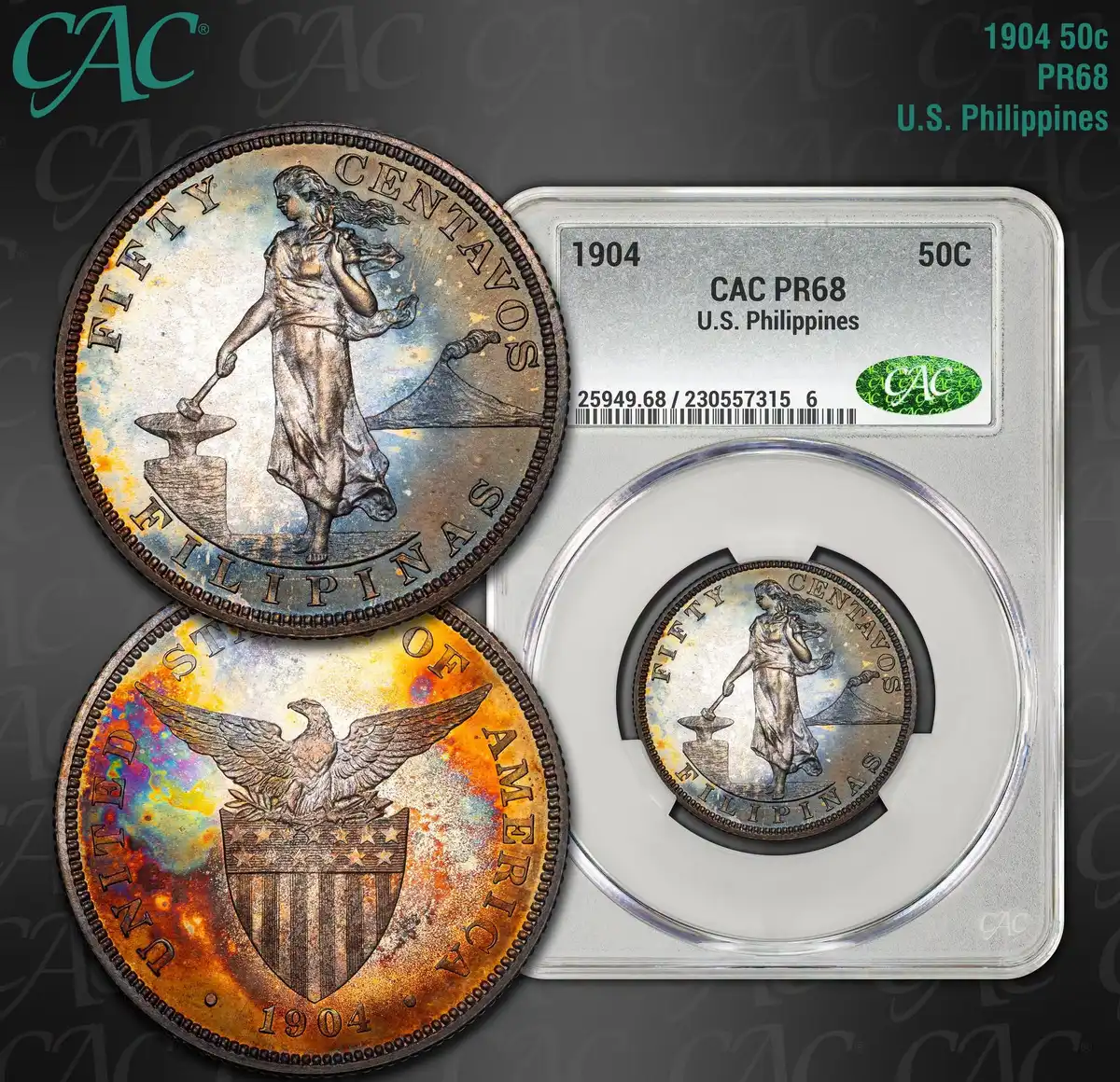 1904-Philippines-/-US-50-Centavos-Proof,-CAC-PR-68,-Rainbow-Toned