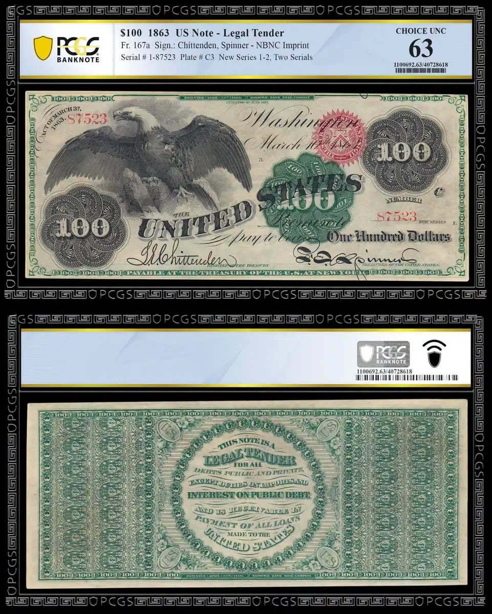 1863-$100-US-Note,-PCGS-Choice-Uncirculated-63,-Chittenden-And-Spinner,-NBNC-Imprint