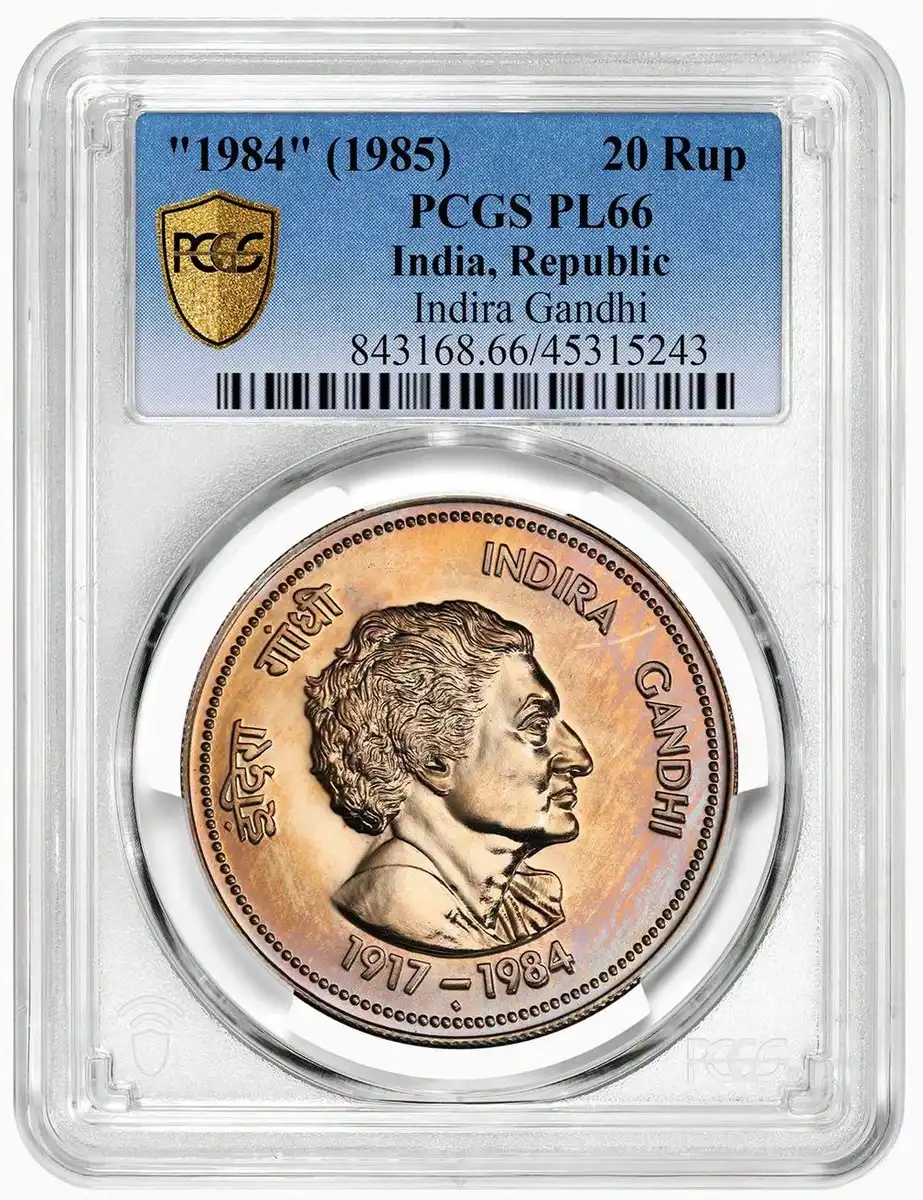 1984-1985-India-20-Rupee,-PCGS-PL-66,-Indira-Gandhi