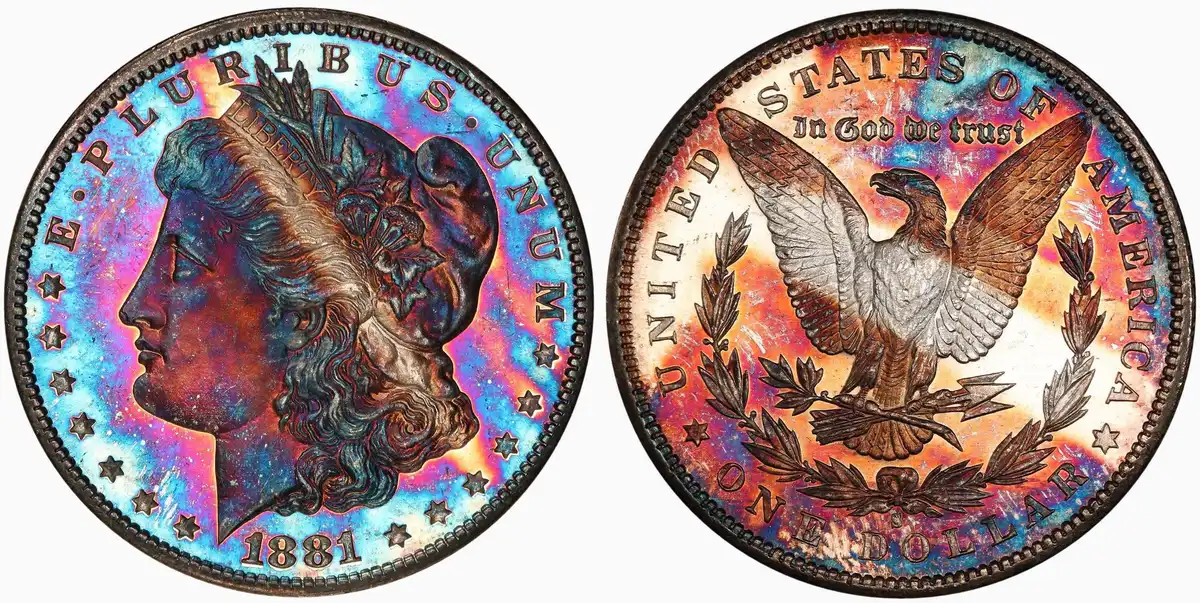 1881-S-Morgan-Silver-Dollar,-PCGS-MS-65PL,-Rainbow-Toned