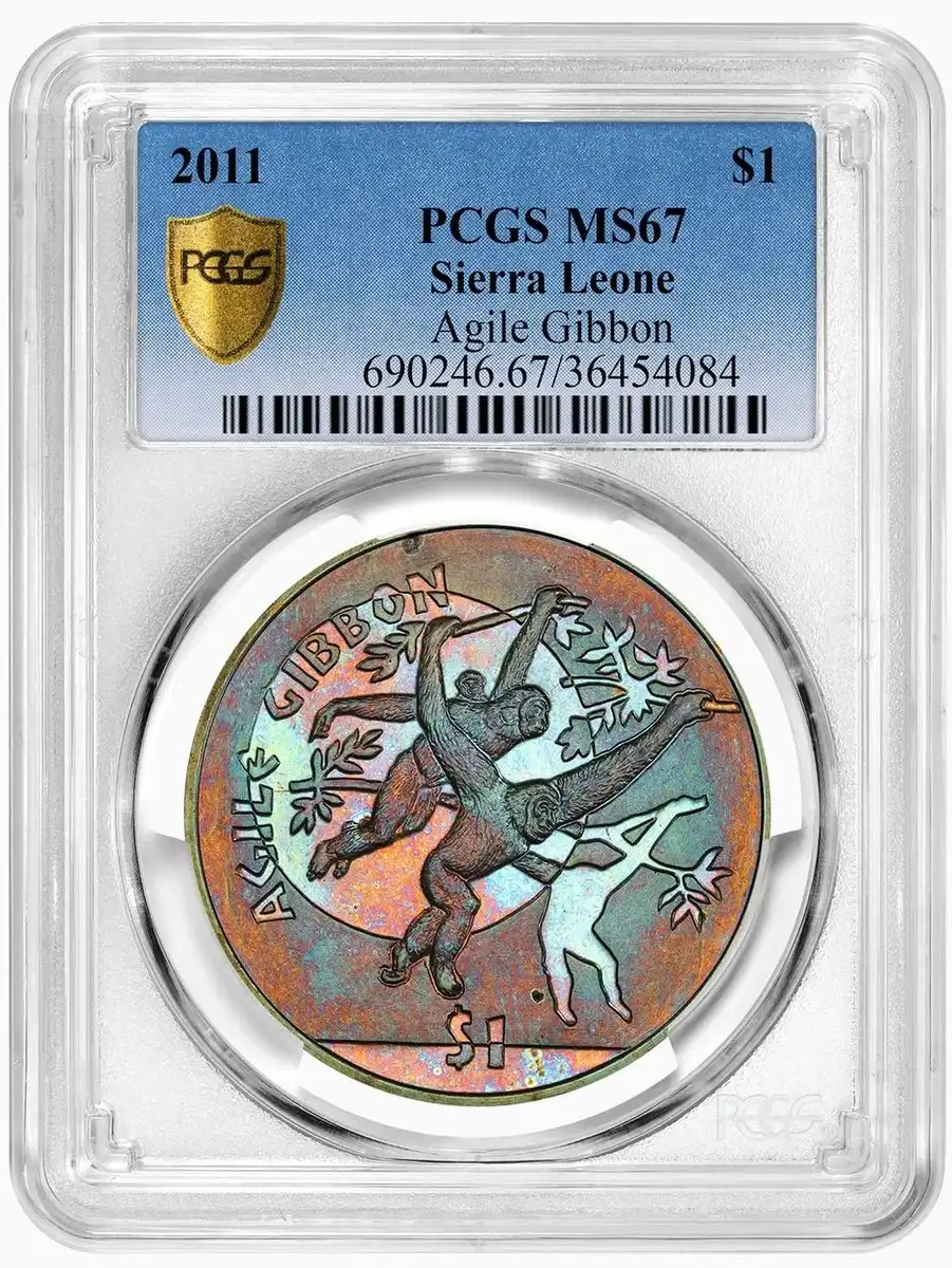 2011-Sierra-Leone-Commemorative-Agile-Gibbon-$1,-PCGS-MS-67,-Rainbow-Toned