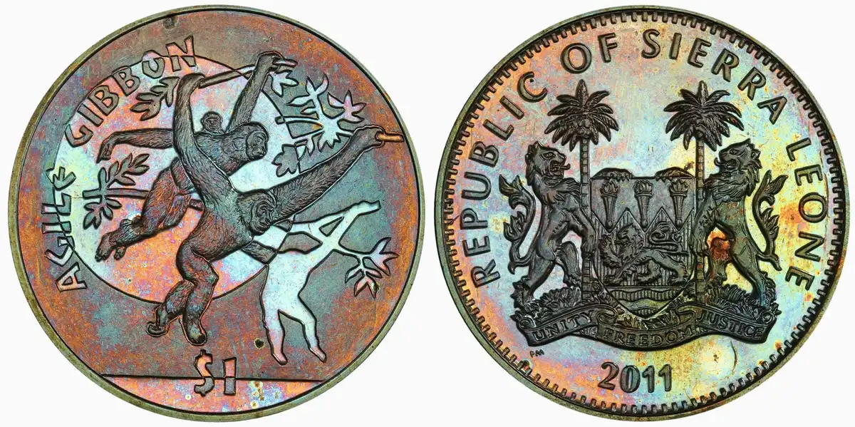 2011-Sierra-Leone-Commemorative-Agile-Gibbon-$1,-PCGS-MS-67,-Rainbow-Toned