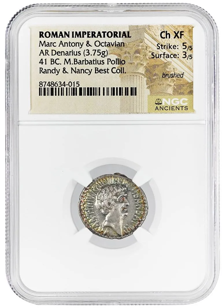 41-BC-AR-Denarius-Of-Marc-Antony-And-Octavian,-NGC-Choice-XF,-5/5-Strike,-3/5-Surface