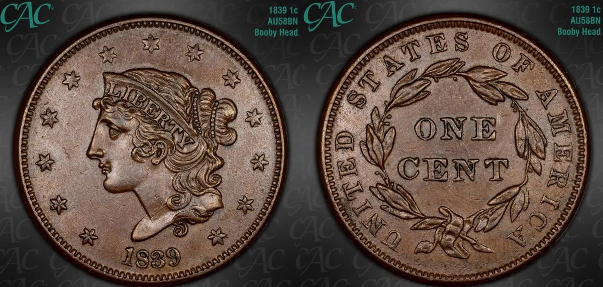 1839-Braided-Hair-Booby-Head-Large-Cent,-CAC-AU-58BN