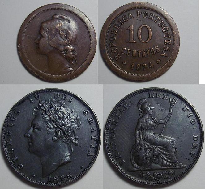 Portugal-10-Centavos-1924-+-UK-Farthing-1828