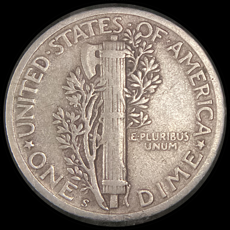 1945-S-Mercury-Dime-Inverted-Mint-Mark,-Circulated.
