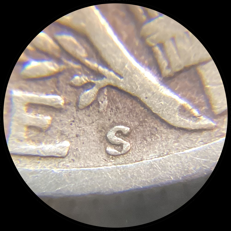 1945-S-Mercury-Dime-Inverted-Mint-Mark,-Circulated.