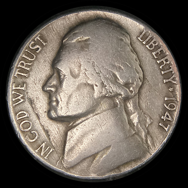 1947-Jefferson-Nickel-With-Obverse-Laminations.