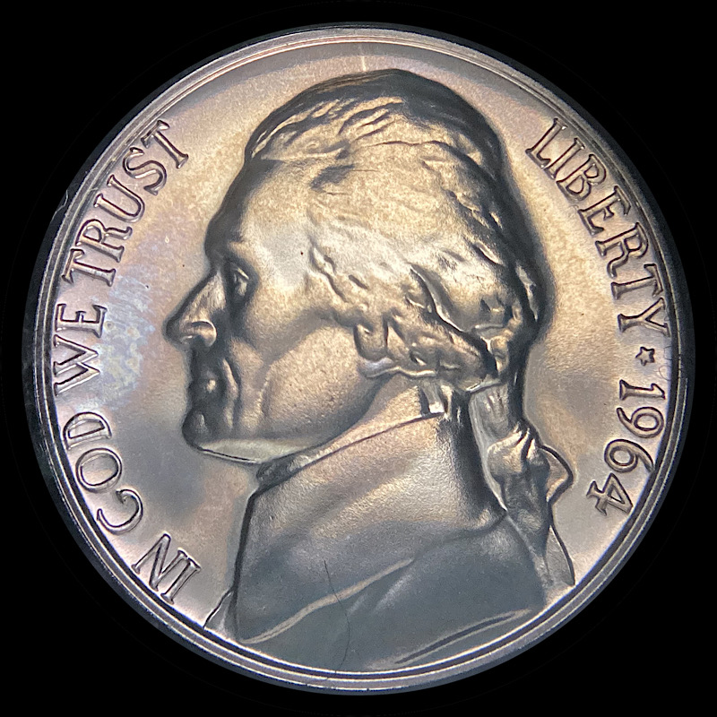 1964-Proof-Nickel,-Nice-Toning-With-Unusual-Crack-Or-Gouge.