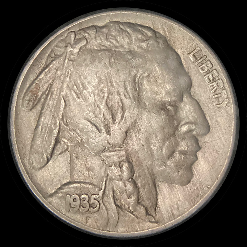 1935-Buffalo-Nickel-With-Thick-Letters-Metal-Flow,-Circulation-Flattening.