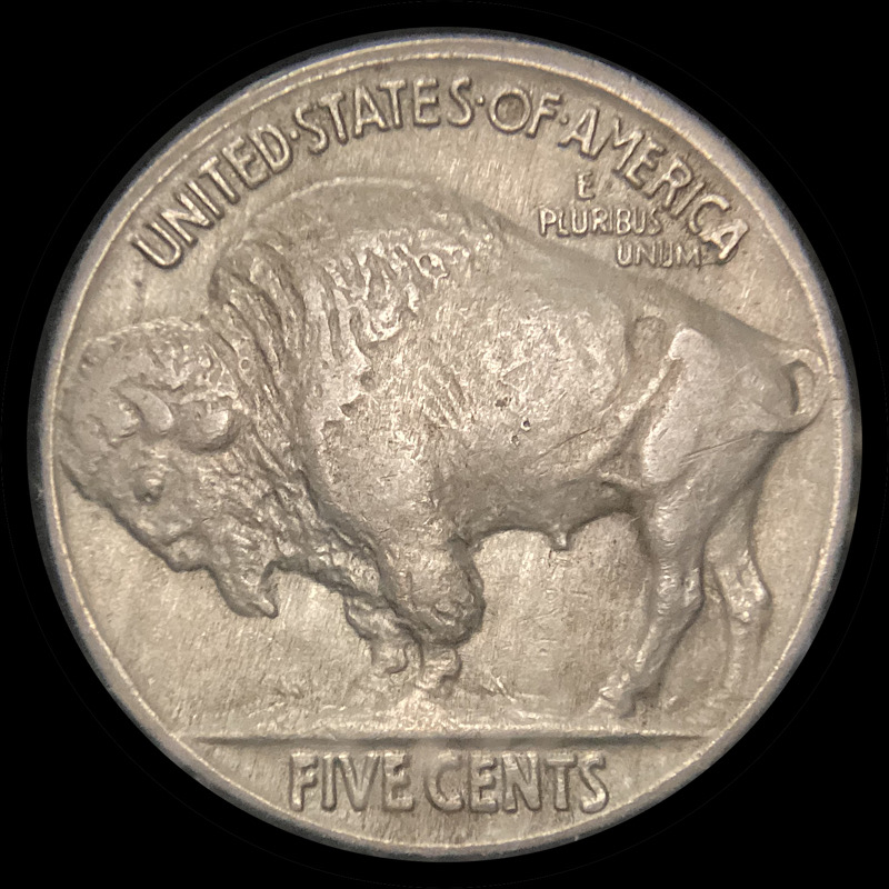 1935-Buffalo-Nickel-With-Thick-Letters-Metal-Flow,-Circulation-Flattening.