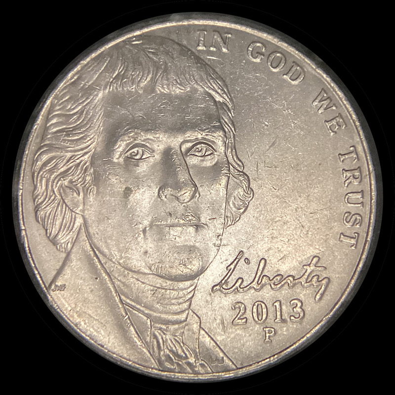 2013-P-Jefferson-Nickel-With-Long-Die-Gouge,-Trail-Die,-Or-Feeder-Finger-Damage.