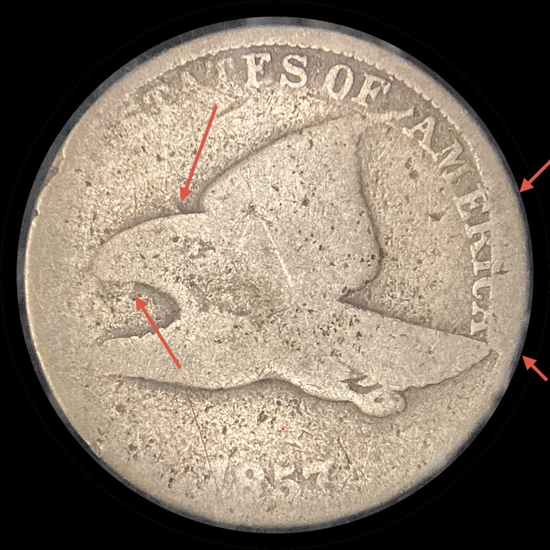 Worn-1857-Flying-Eagle-Cent,-Snow-9-Obverse-Clash-With-Half-Dollar,-FS-402.