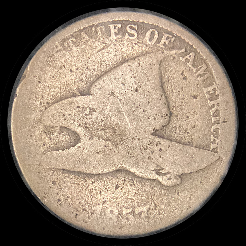 Worn-1857-Flying-Eagle-Cent,-Snow-9-Obverse-Clash-With-Half-Dollar,-FS-402.