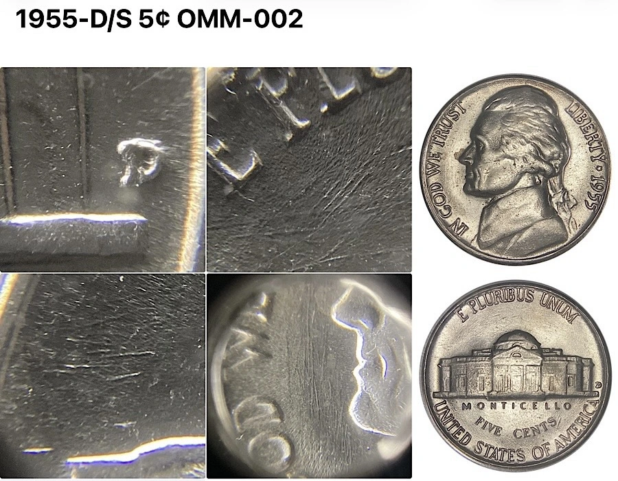 1955-D/S-Jefferson-Nickel,-OMM-002-Overmintmark.