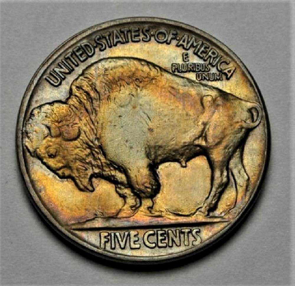 Part-2:1913-Type-2-Buffalo-Nickel-Toned-With-Chin-'Spot',-New-100x-Mag-Pics
