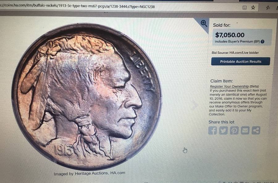 Part-2:1913-Type-2-Buffalo-Nickel-Toned-With-Chin-'Spot',-New-100x-Mag-Pics