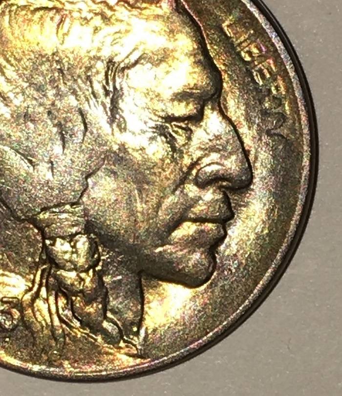 Part-2:1913-Type-2-Buffalo-Nickel-Toned-With-Chin-'Spot',-New-100x-Mag-Pics