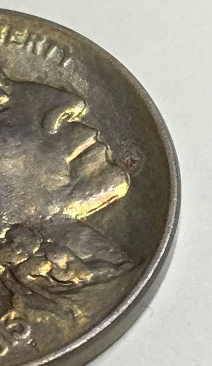 Part-2:1913-Type-2-Buffalo-Nickel-Toned-With-Chin-'Spot',-New-100x-Mag-Pics