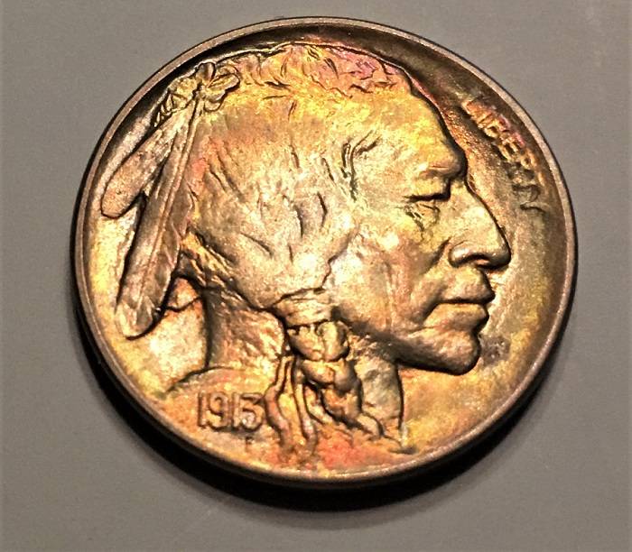 Part-2:1913-Type-2-Buffalo-Nickel-Toned-With-Chin-'Spot',-New-100x-Mag-Pics