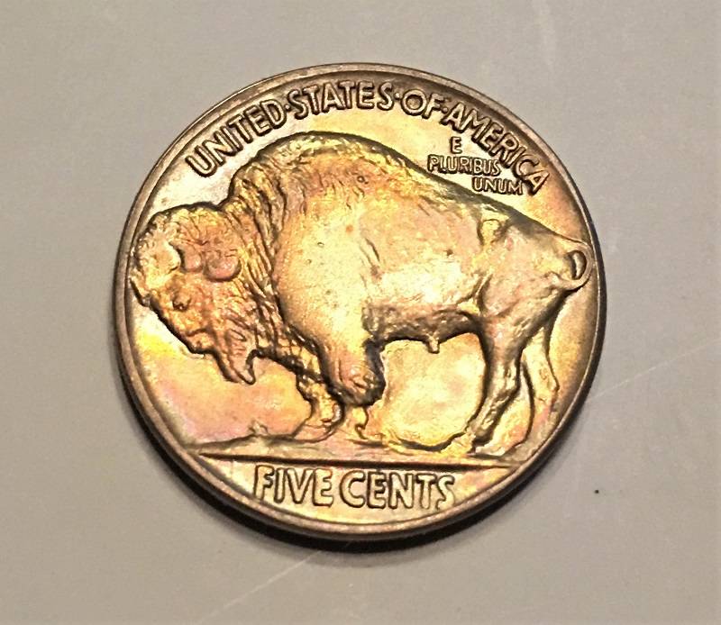 Part-2:1913-Type-2-Buffalo-Nickel-Toned-With-Chin-'Spot',-New-100x-Mag-Pics