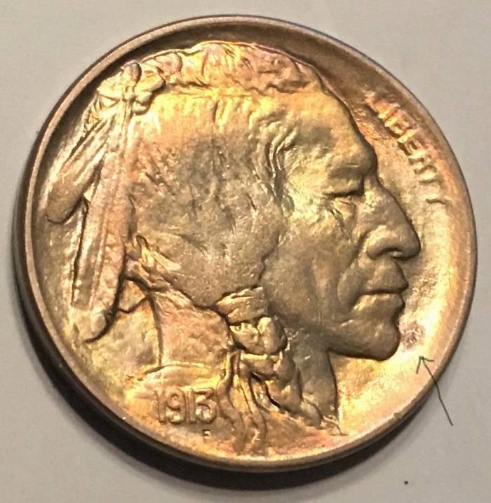 Part-2:1913-Type-2-Buffalo-Nickel-Toned-With-Chin-'Spot',-New-100x-Mag-Pics