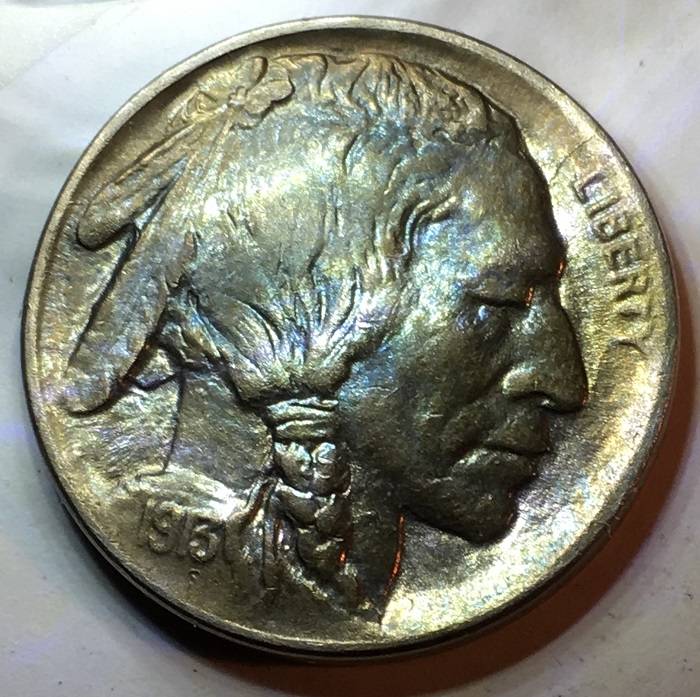 1913-D-Type-1-Buffalo-Indian-Nickel.--Toned.--Gawk.--Grade.