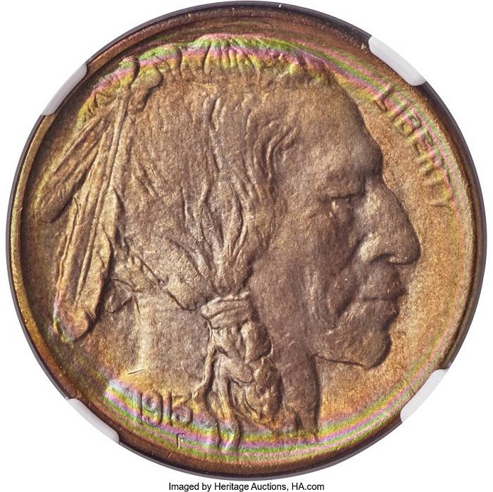 1913-D-Type-1-Buffalo-Indian-Nickel.--Toned.--Gawk.--Grade.
