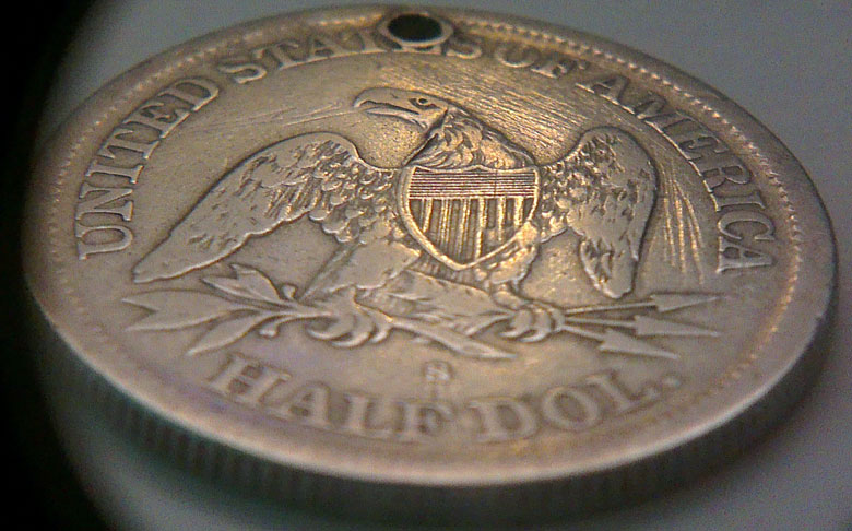 *rare-1866-S-Half-Dollar-'No-Motto'->-Holed
