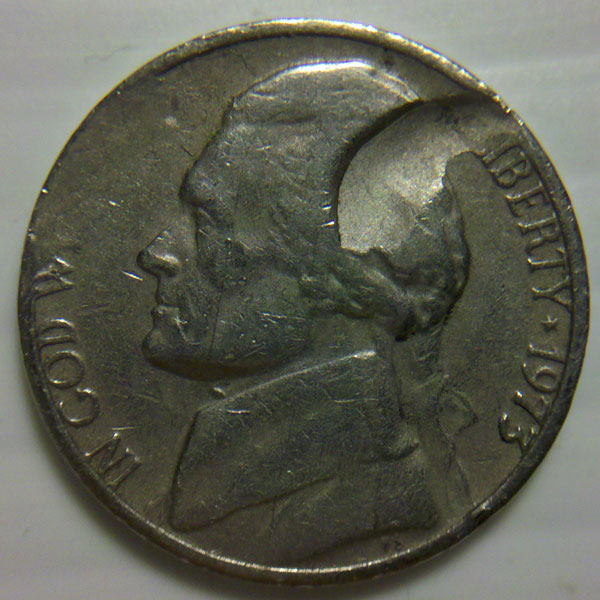 1973-Jefferson-Nickel---Struck-Through-Foreign-Objects?