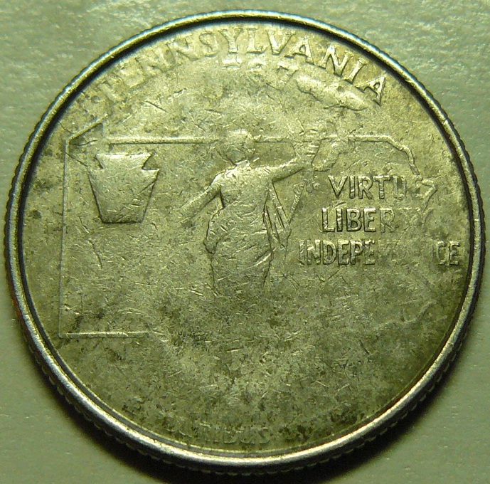 1999-D-Pennsylvania-State-Qtr;-Strike-Thru?-/-Damaged?-/-Die-Adjust?
