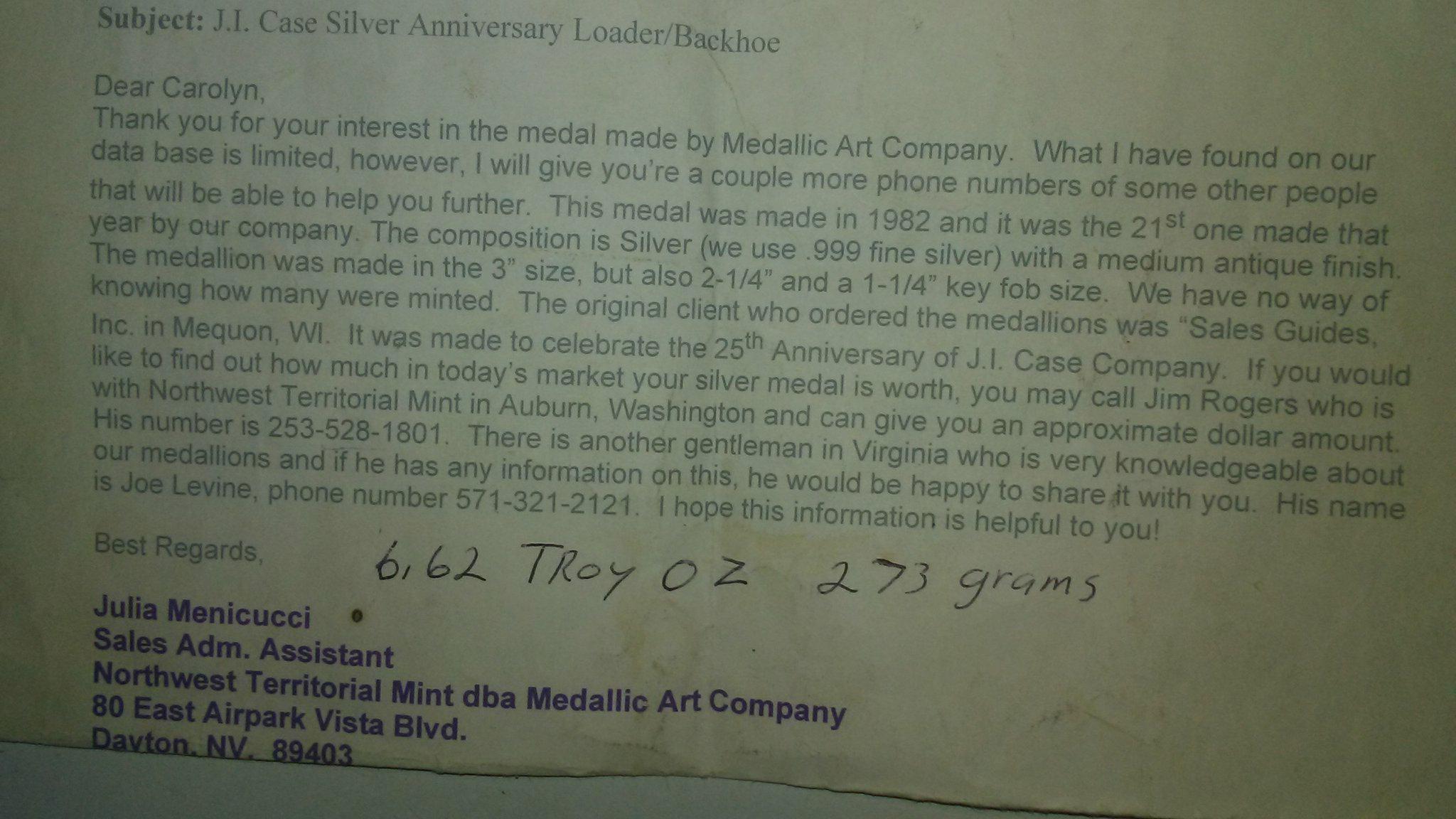 1982-Silver-Anniversary-Loader/Backhoe-Medallion---Medallic-Art-Co.