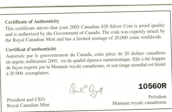 2005-Pure-Silver-$20-Tall-Ships-3-Masted-Ship---Odd-COA