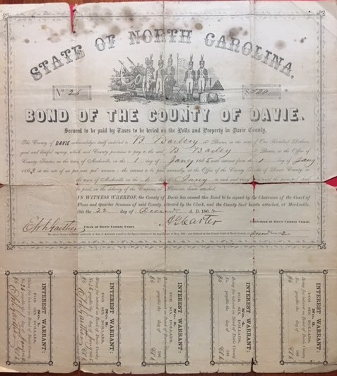 1862-North-Carolina-County-Of-Davie-$100-Bond