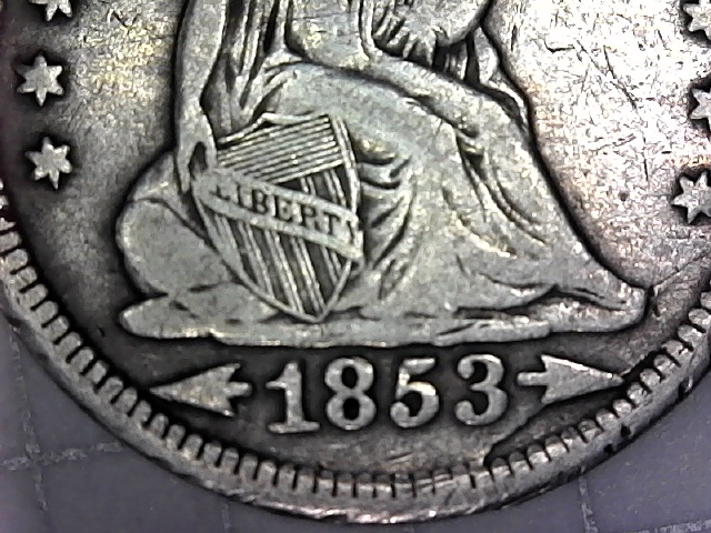 1853-Seated-Liberty-Quarter.-Die-Chip-Under-Date?-Value-And-Grade?