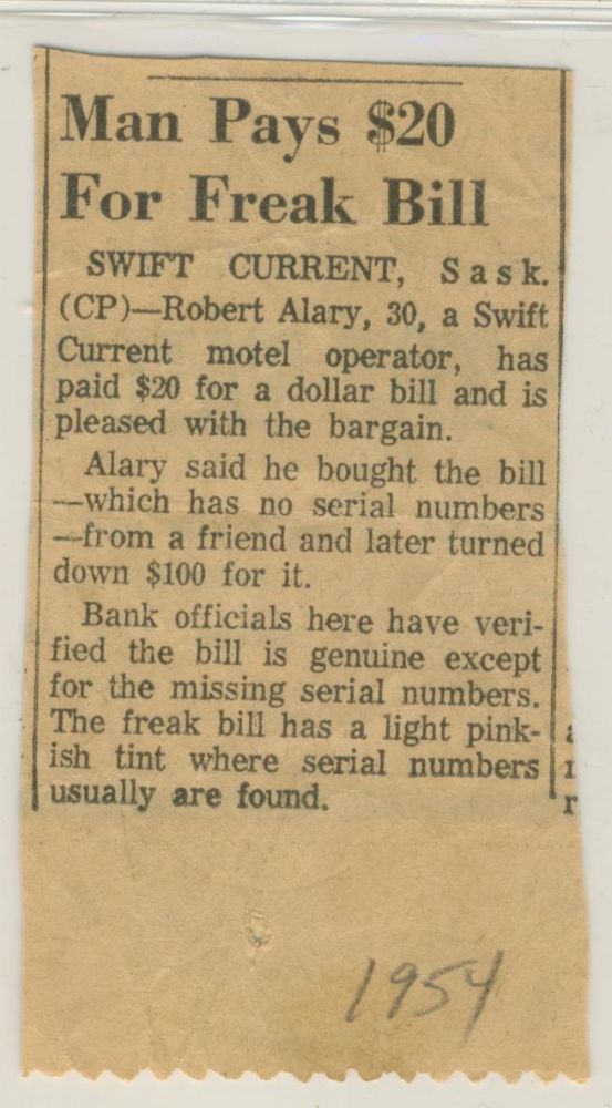 1954-$1.00-Bill-With-No-Serial-Numbers-And-News-Paper-Artical-About-It.