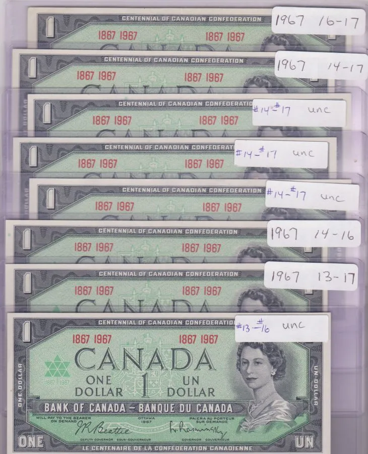 1867---1967-Canadian-1-Dollar-Bills---Plate-Number-Collection