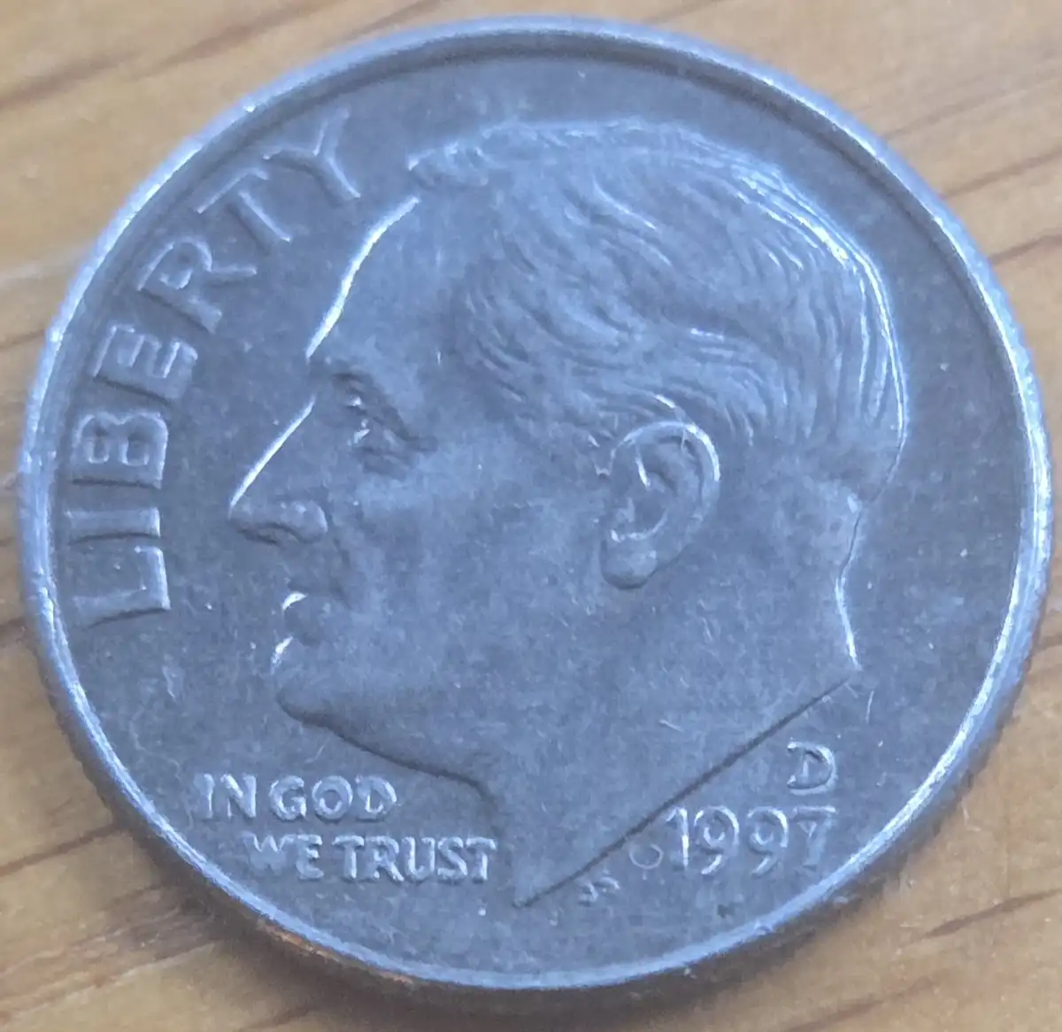 1997-D-Roosevelt-Dime.-Environmental-Toning-Or-Improper-Annealing