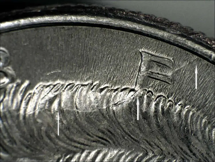 1996-P-Kennedy-Half-$-Spike-Head-With-Die-Crack-Rim-To-Bust-And-Struck-Thru-Grease
