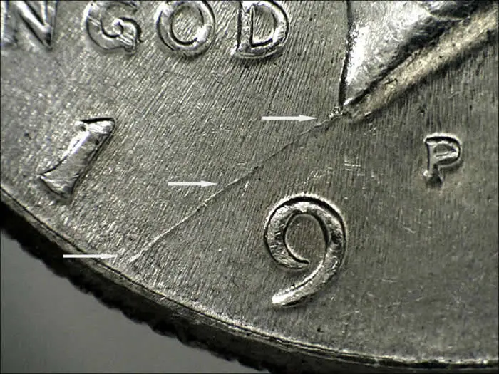 1996-P-Kennedy-Half-$-Spike-Head-With-Die-Crack-Rim-To-Bust-And-Struck-Thru-Grease