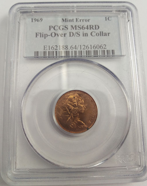 1969-1-Cent-Flip-Over-D/S-In-Collar-PCGS-MS-64RD