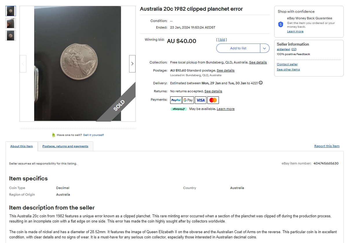 Australia-20-Cents-1982-Clipped-Planchet-/-Bitten-Rim