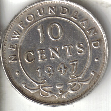 1947-Newfoundland-10-Cents--Grade-Pls