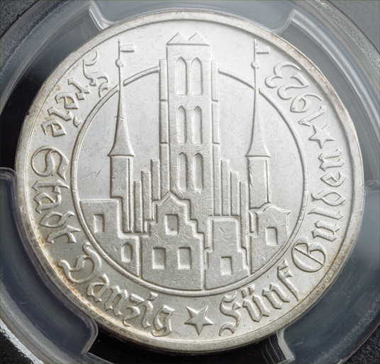 A-Pictoral-Genuine-/-Fake-Coin-Comparison-Of-A-1923-Danzig-5-Gulden-Coin.