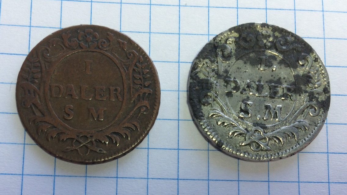 Fake-Swedish-Coin?-[1-Daler-1718,-Saturn,-97%-Tin]