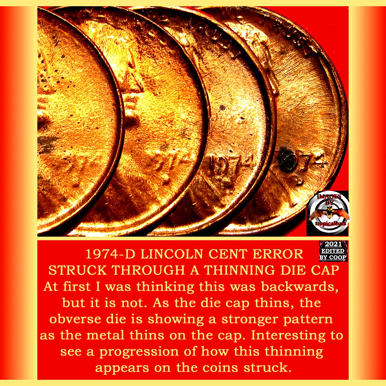 1974-D-Lincoln-Memorial-Cent-Mint-Error---Struck-Through-Die-Cap-4-Coin-Progression